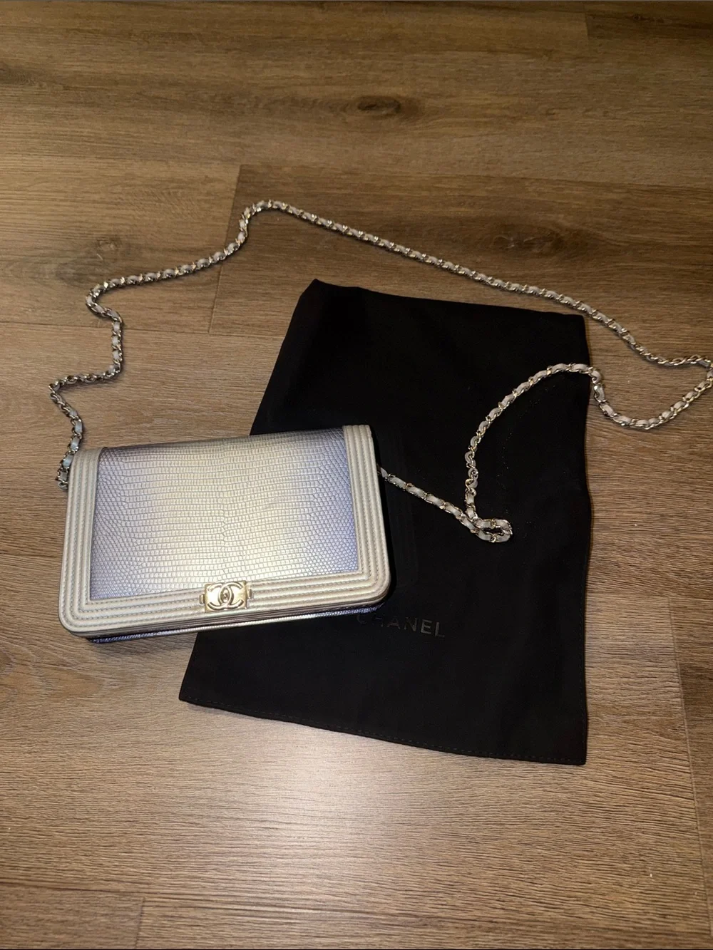 CHANEL Iridescent Silver-Blue Boy Flap Crossbody Bag